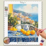 Orangen am Tisch mit Stadt- & Meereskulisse