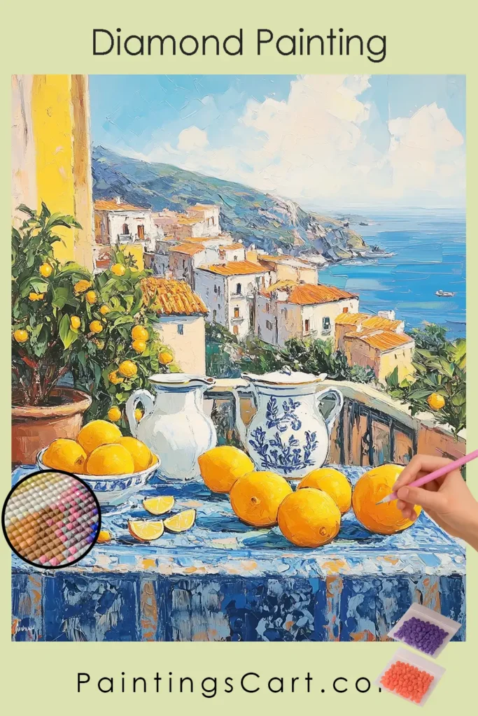 Oranges on Table with City & Sea Backdrop 1 1099970 40x50 pin diamond painting paintingscart 683x1024 1 DIY paintings - Paint by numbers - Diamond Painting