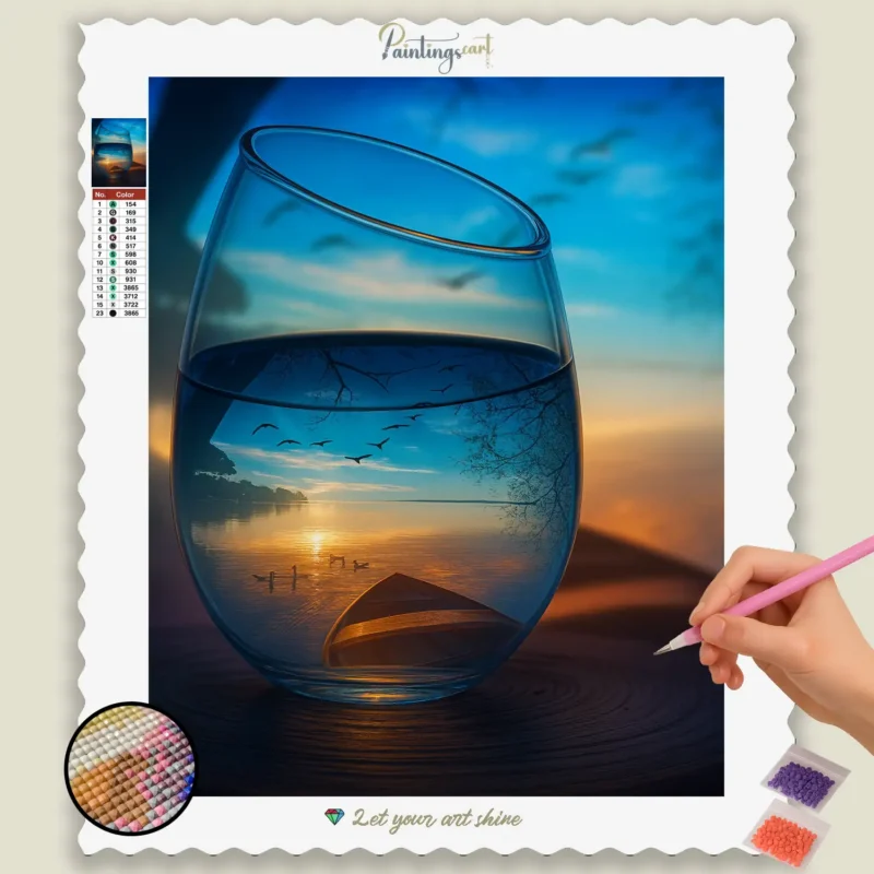 21442_base-diamond-painting-paintingscart Sonnenuntergang durch ein Wasserglas