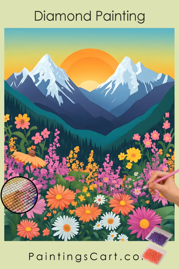 Blomster og solopgang i bjergene 1 873743 pin diamond painting paintingscart 683x1024 1 DIY malerier - Mal efter tal - Diamond Painting