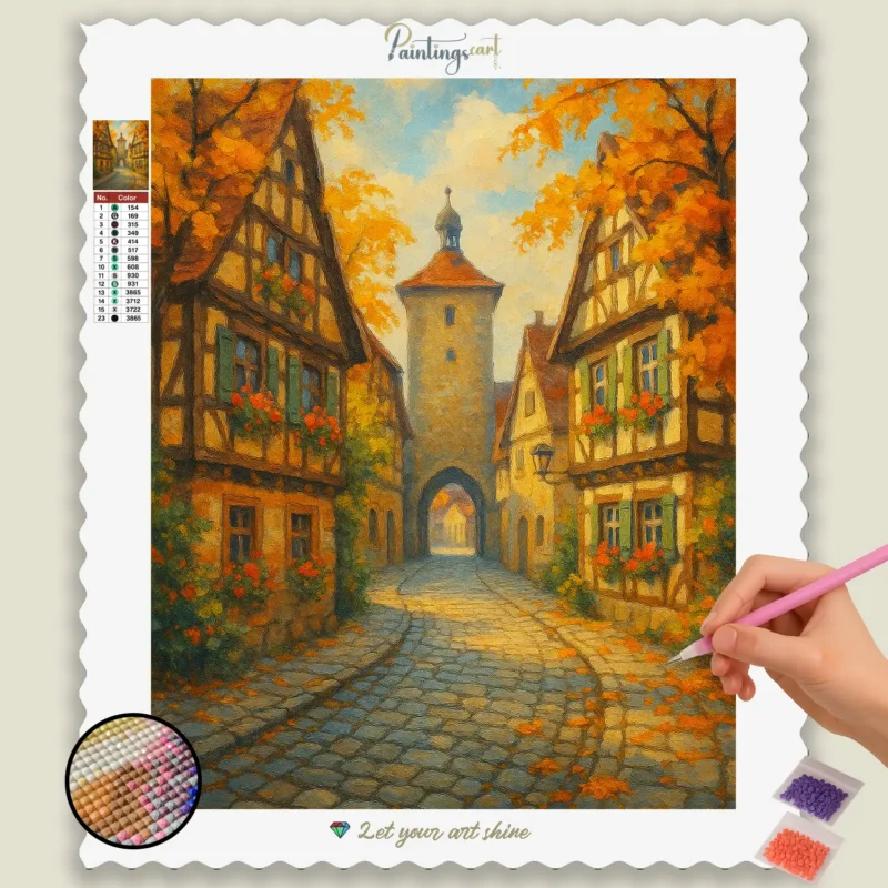 Autumn_Village_Gatehouse_Scene_base-diamond-painting-paintingscart Autumn_Village_Gatehouse_Scene