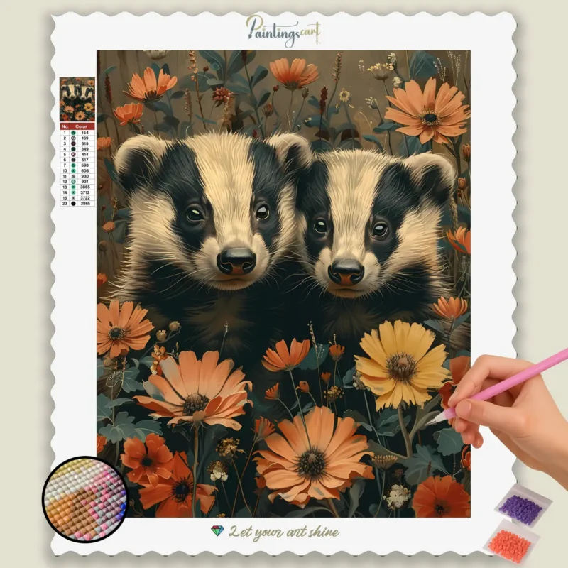 Baby_Animals_Summer_79305_base-diamond-painting-paintingscart Badgers in Flowers