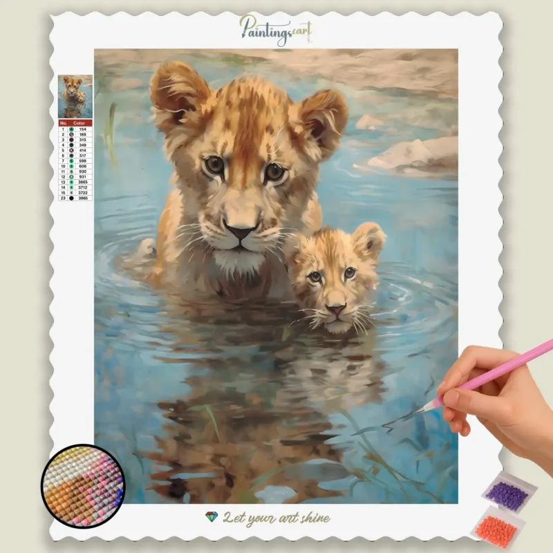 Baby_Lion_10386_base-diamond-painting-paintingscart Cuccioli di leone nell'acqua
