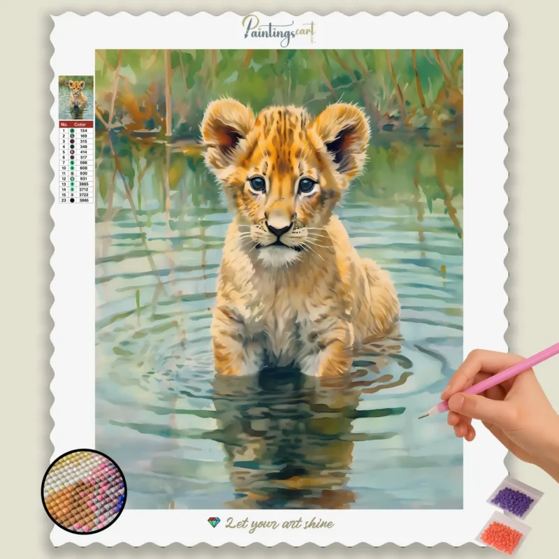 Lionceau_dans_l'eau_3383_base-diamond-painting-paintingscart Bébé Lion dans l'Eau