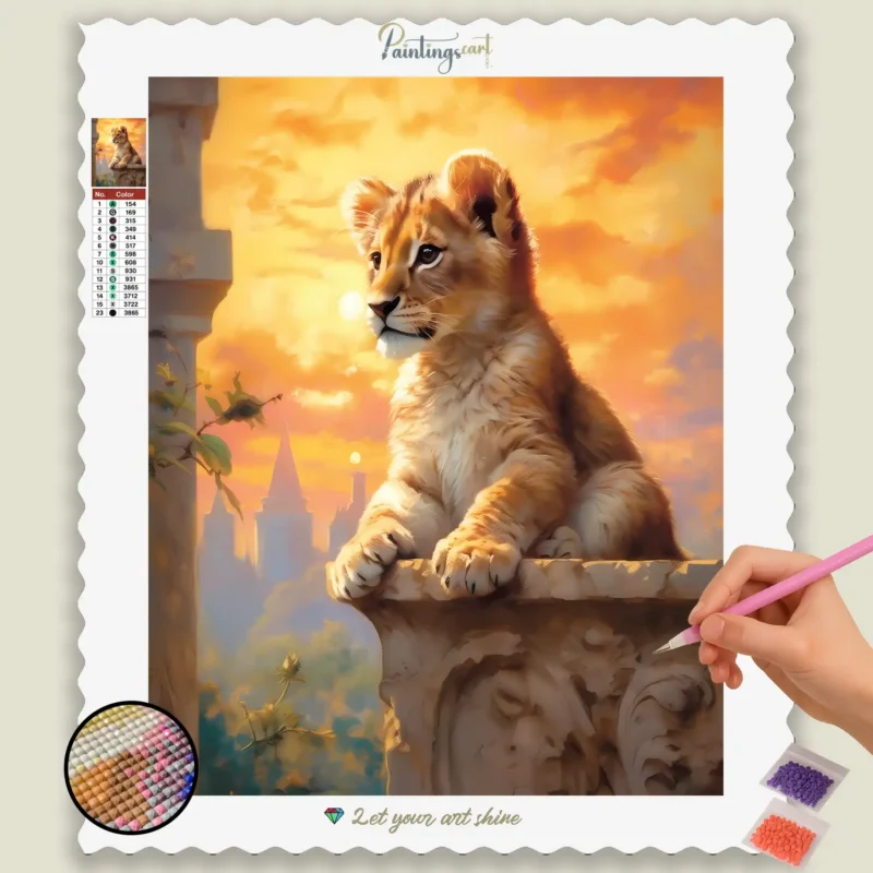 Baby_Lion_7385_base-diamond-painting-paintingscart Baby Leeuw Zittend op een Berg