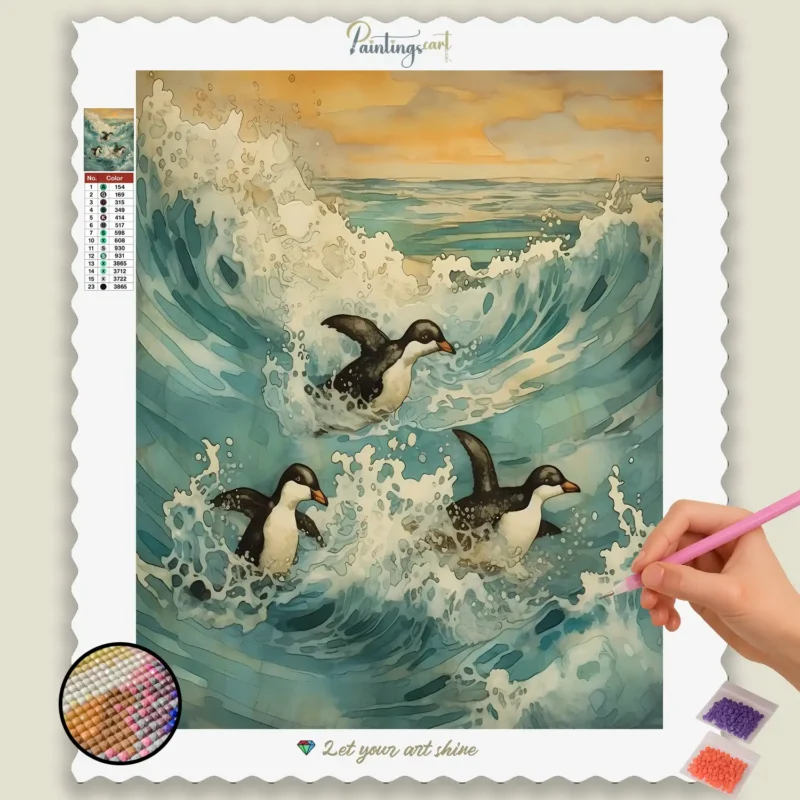 Baby_Penguins_57408_base-diamond-painting-paintingscart Pingvin der surfer på bølger