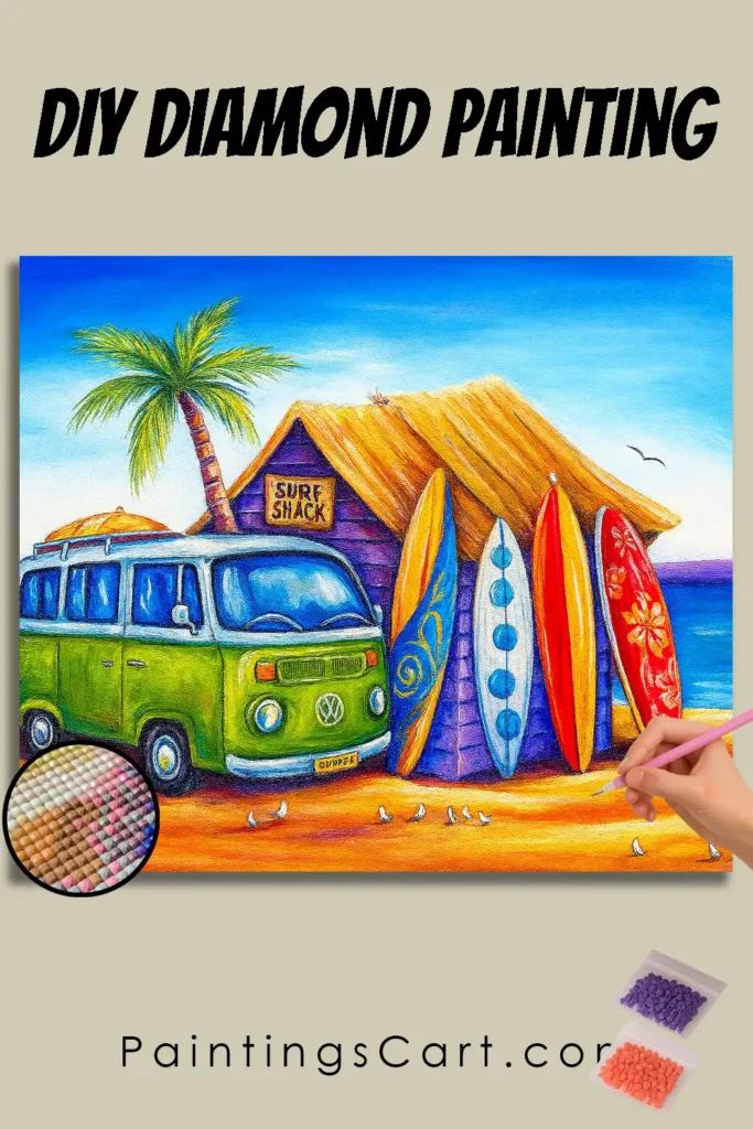 Vehicle on the Beach Diamond Painting 1 Car and beach pin diamond painting paintingscart 683x1024 1 DIY paintings - Paint by numbers - Diamond Painting