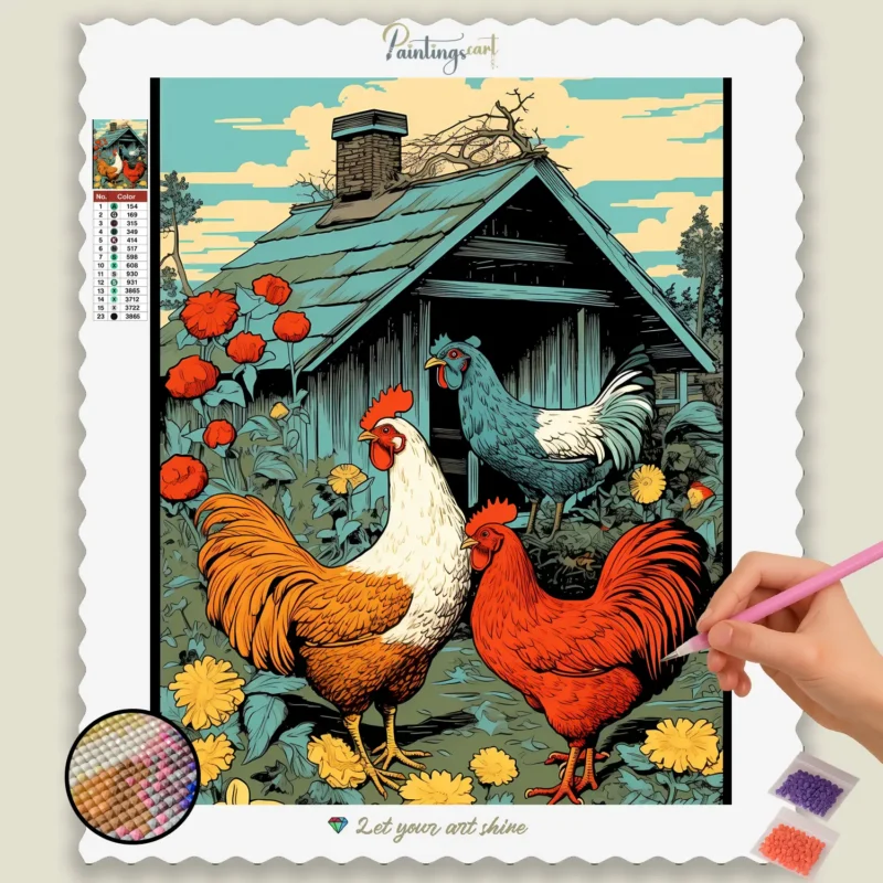 Cartoon-Stijl_Boerderij_10654_basis-diamond-painting-paintingscart Haan en Hen, Cartoonstijl