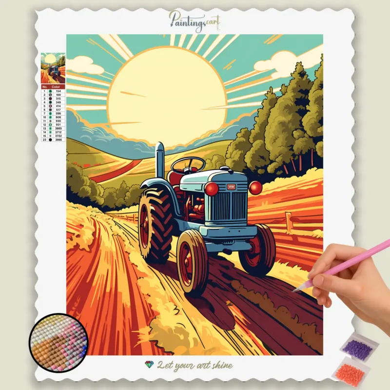 Cartoon-Style_Farm_3647_base-diamond-painting-paintingscart Tractor in a farm
