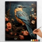 Blauer Spatz und Blumen