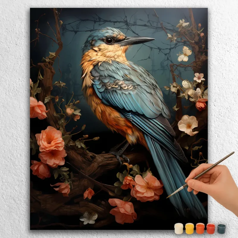 Chalkboard-Spring-5723 Blauer Spatz und Blumen