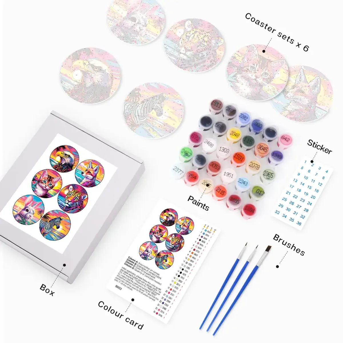 Animali Colorati - Sottobicchieri Tigre Volpe Gatto Fai Da Te Dipingi per Numeri 1 Animali Colorati - Sottobicchieri Tigre Volpe Gatto Fai Da Te Dipingi per Numeri