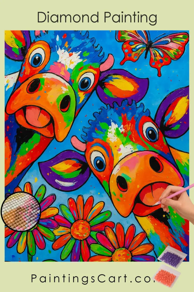 Colorful & Funny Cows 1 Colorful Cows and Vibrant Butterfly pin diamond painting paintingscart 683x1024 1 DIY paintings - Paint by numbers - Diamond Painting