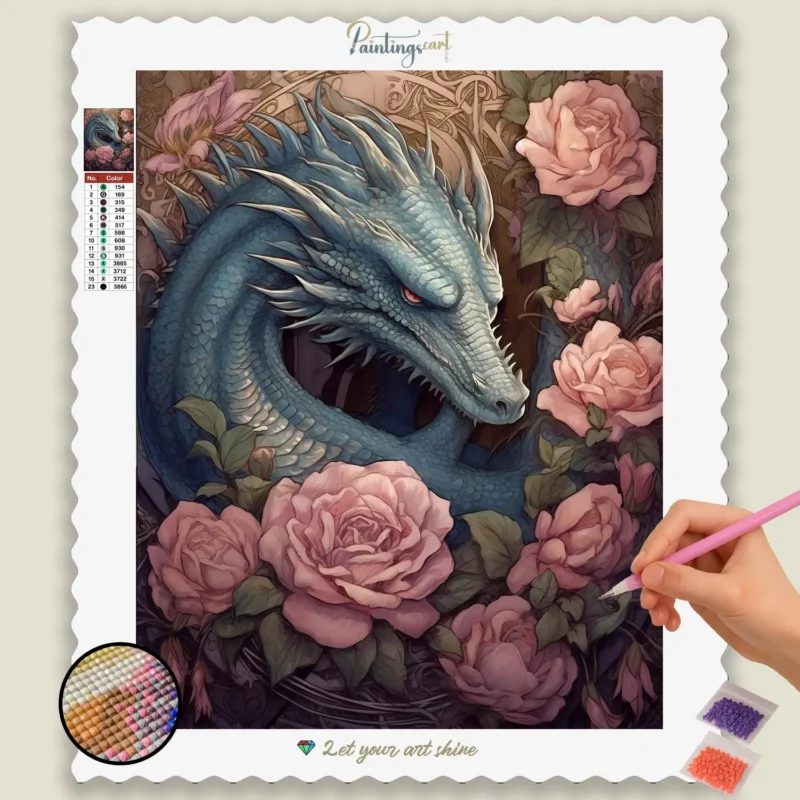 Dark_Fantasy_Dragons__151125_base-diamond-painting-paintingscart Draak en Roze Bloemen