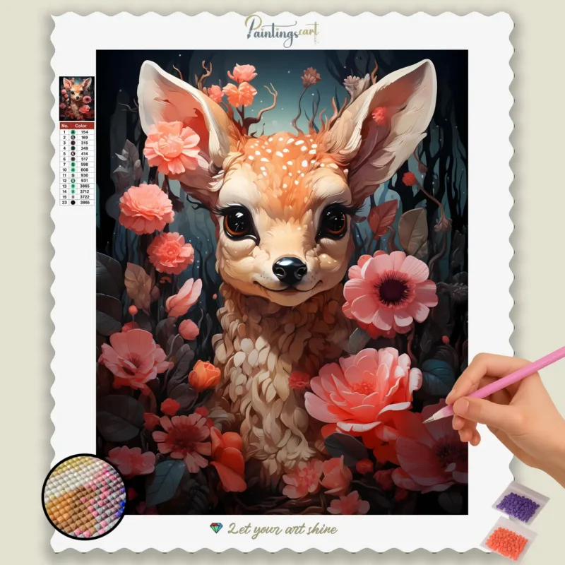 Kawaii_Animal_162021_base-diamond-painting-paintingscart Söt hjort och blommor