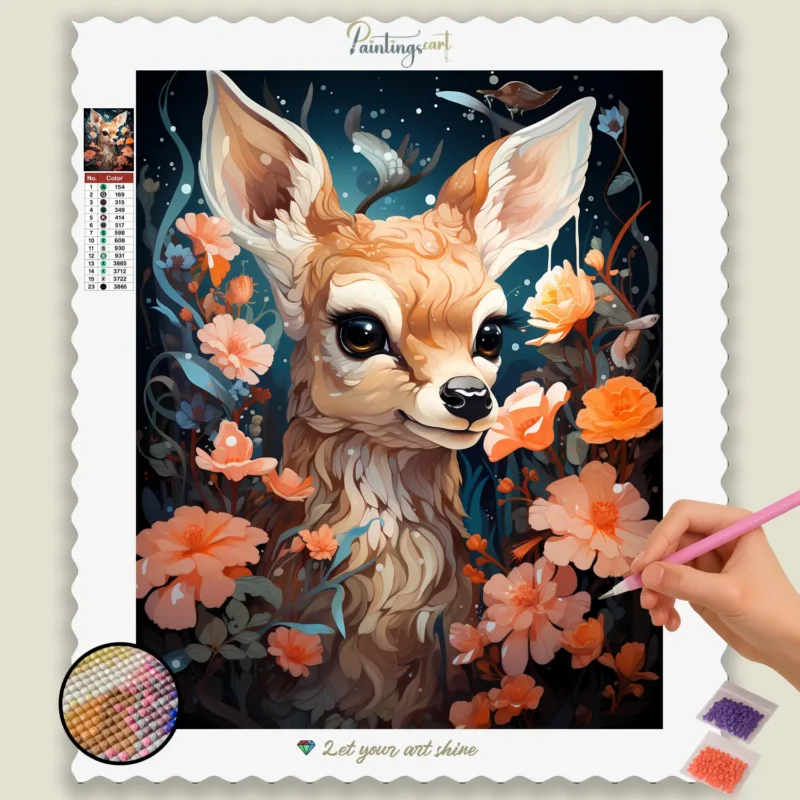 Kawaii_Animal_172022_base-diamond-painting-paintingscart Cerbiatto e Fiori