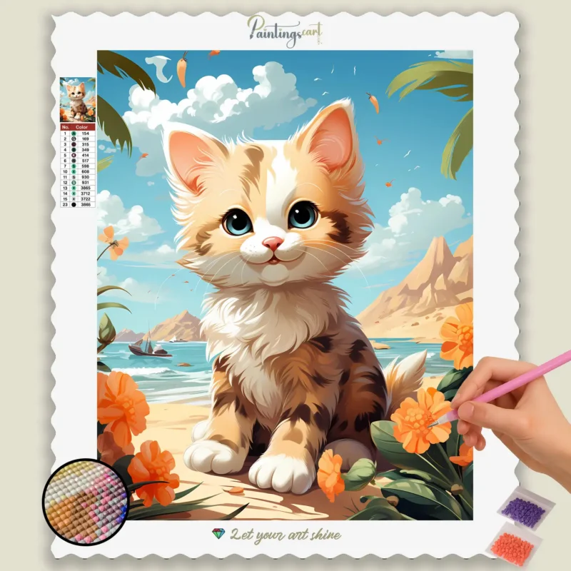 Kawaii_BEach_122078_base-diamond-painting-paintingscart Happy Cat On Beach