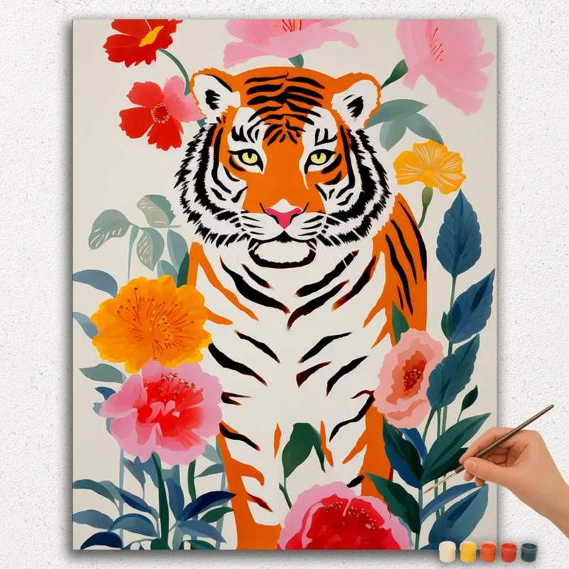 Paint-By-Numbers-DIamond-Painting-Ver-JPE-104 Tiger in Flower Garden - Paint by Numbers