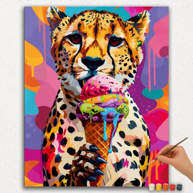 Paint-By-Numbers-DIamond-Painting-Ver-JPE-19 Leopard And Ice-cream - Paint By Numbers