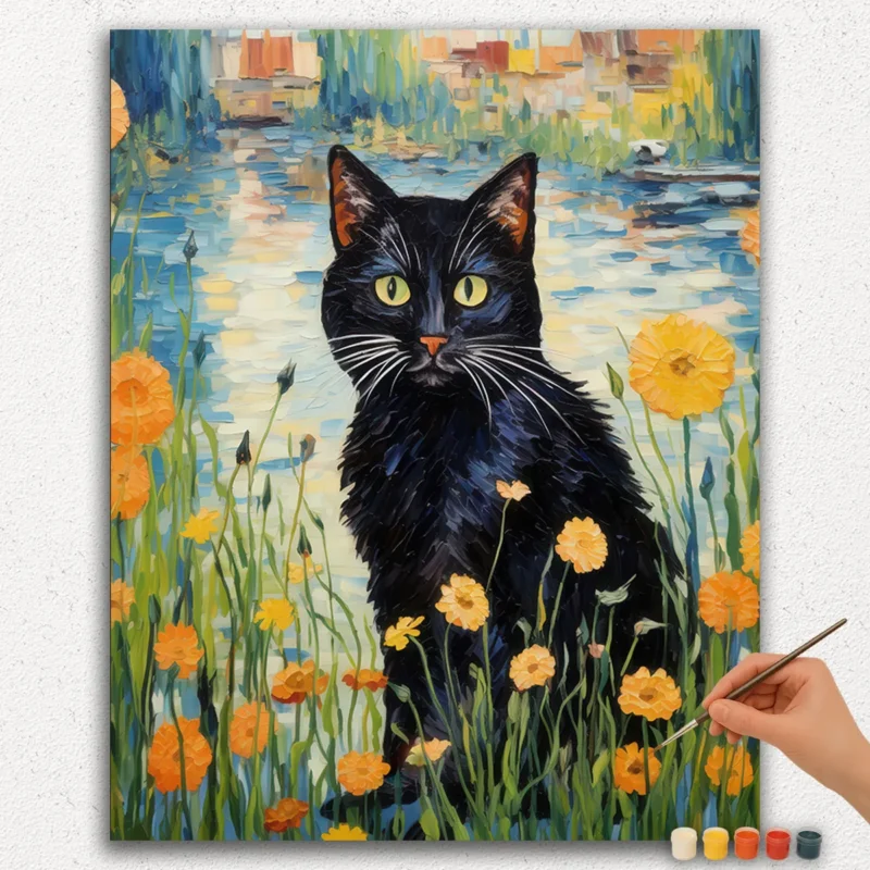 Pittura-Per-Numeri-Diamante-Pittura-Ver-JPE-47 Gatto Nero e Fiori - Pittura per Numeri