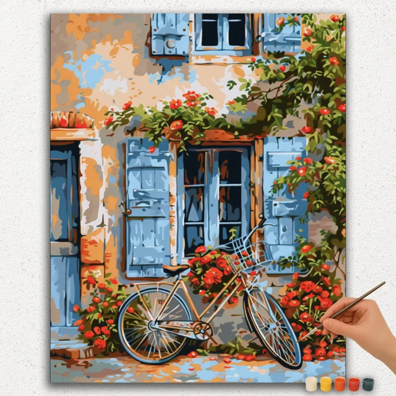 Paint-By-Numbers-Diamond-Painting-Ver-PNV-129 Röd Cykel och Gamla Huset