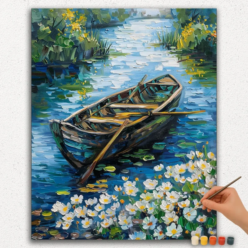 Paint-By-Numbers-DIamond-Painting-Ver-PNV-186 Smuk båd og hvide blomster