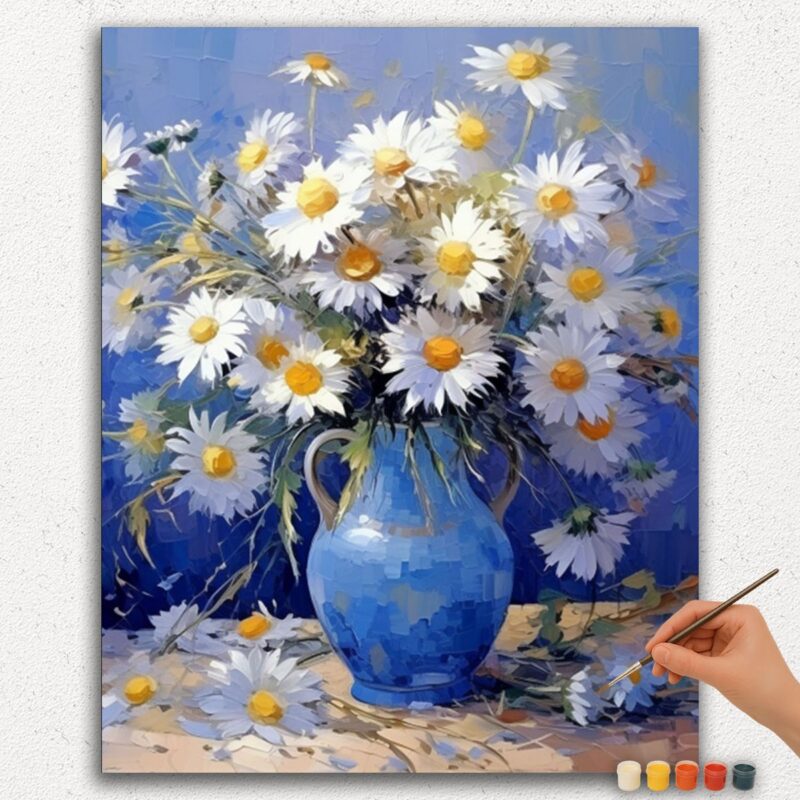 Dipingi-Per-Numeri-Diamante-Dipinto-Ver-PNV-79 Vaso Blu e Fiori Bianchi