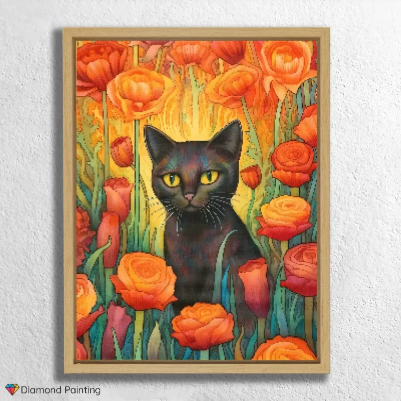 Schwarze Katze und Blumen