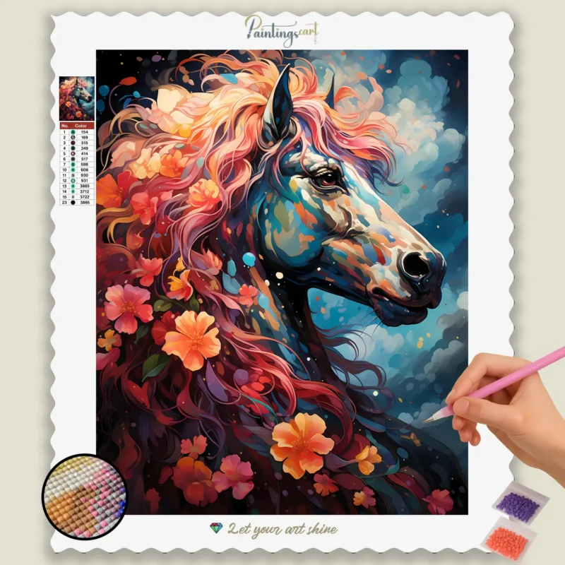 Rainbow_Horses_593349_base-diamond-painting-paintingscart Rainbow Horse and Flowers