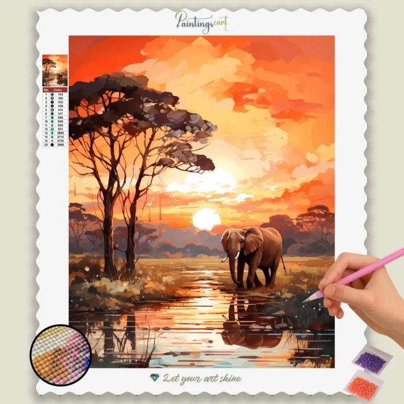 Safari_Spring_113385_base-diamond-painting-paintingscart Olifant in Jungle Zonsondergang