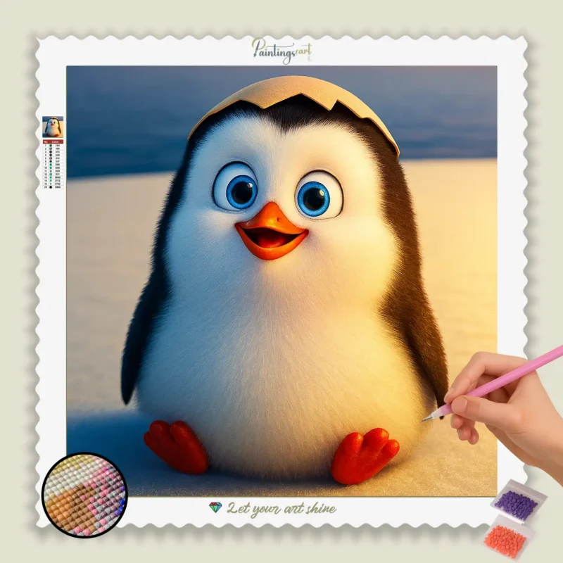 Snowy_Sunrise_with_Joyful_Penguin_base-diamond-painting-paintingscart Süßer Baby-Pinguin
