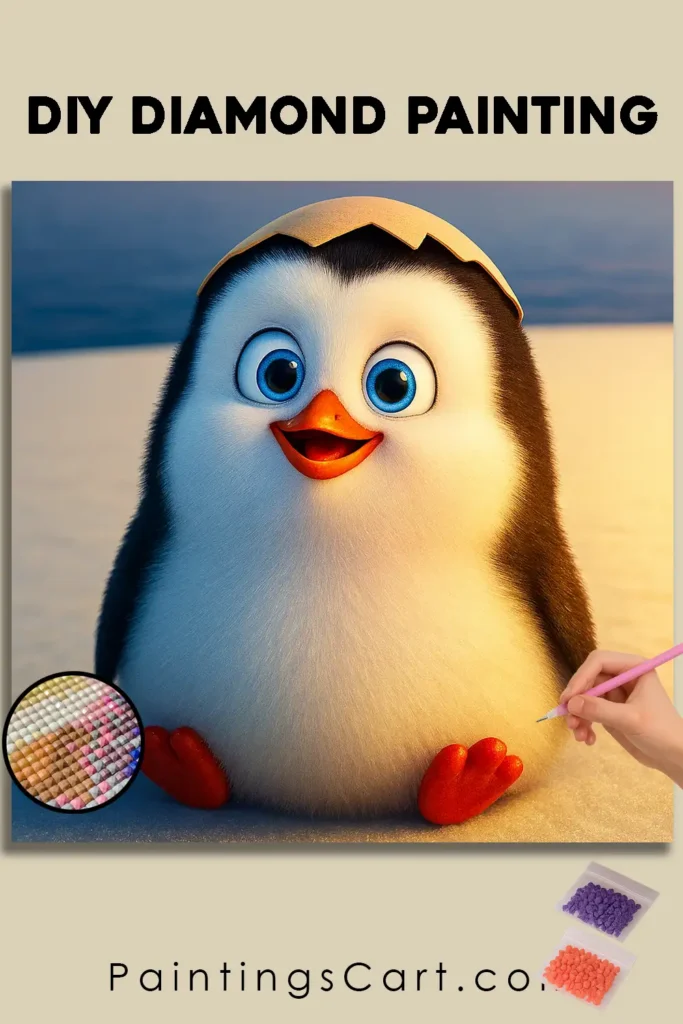 Cute Baby Penguin 1 Snowy Sunrise with Joyful Penguin pin diamond painting paintingscart 683x1024 1 DIY paintings - Paint by numbers - Diamond Painting