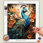 Färgglada blommor och påfågel