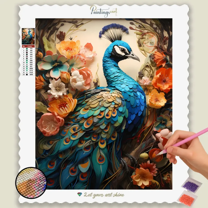 Spring_Origami_463835_base-diamond-painting-paintingscart Färgglada blommor och påfågel