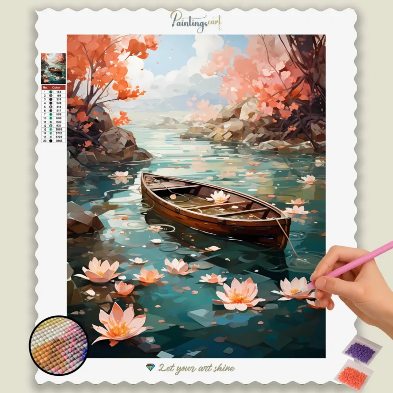 Spring_Origami_793868_base-diamond-painting-paintingscart Fleurs et Bateau sur un Lac