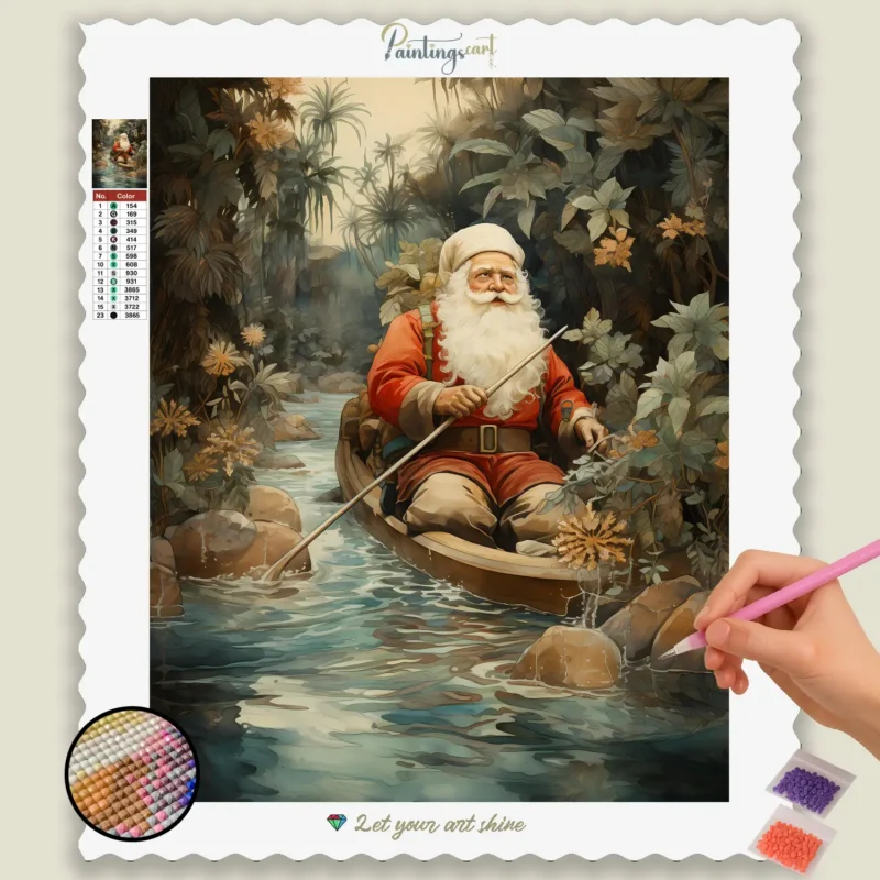 Tropical_Christmas_614602_base-diamond-painting-paintingscart Santa i en båt