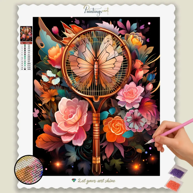 kawaii_sports_192611_base-diamond-painting-paintingscart Badminton Butterfly flowers Kawaii