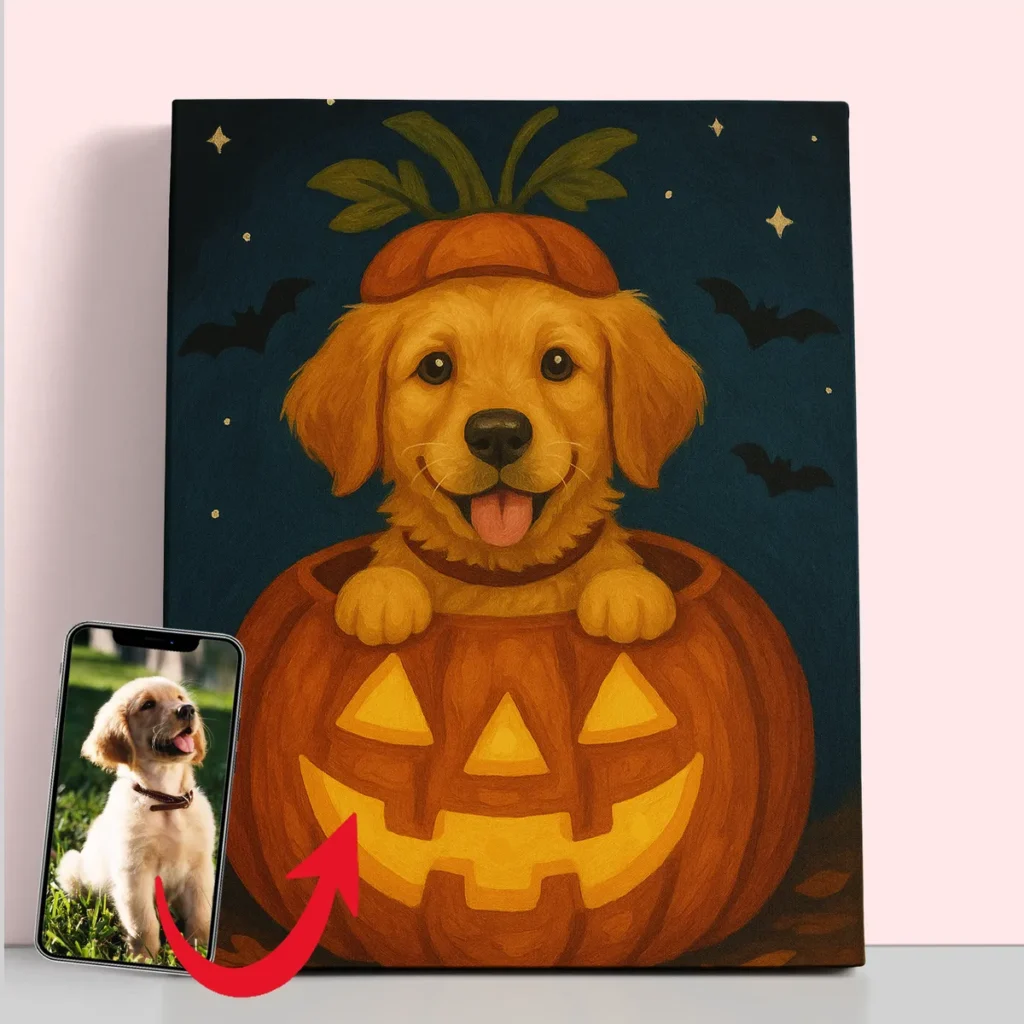 Paws, Potions & Portraits: Custom Halloween Masterpiece of Your Pet 3 Perro Lindo en calabaza - Retrato personalizado de mascota de Halloween