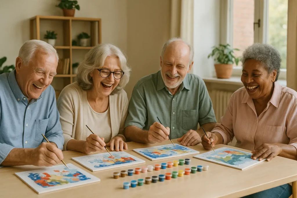 3 Reasons Why Seniors should Start Paint by numbers? 2 Happy old aged people working on DIY painting Kits