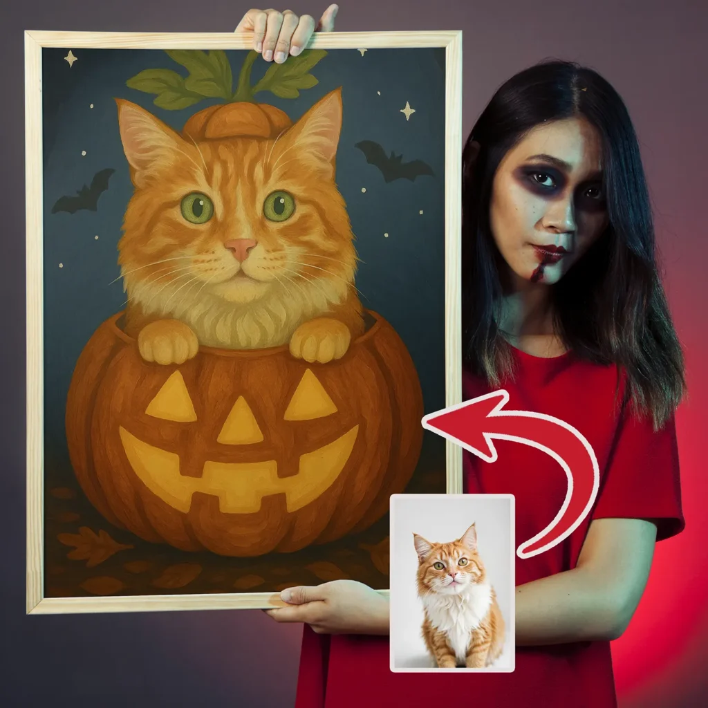 Paws, Potions & Portraits: Custom Halloween Masterpiece of Your Pet 4 Gato en calabaza - Retrato personalizado de mascota de Halloween
